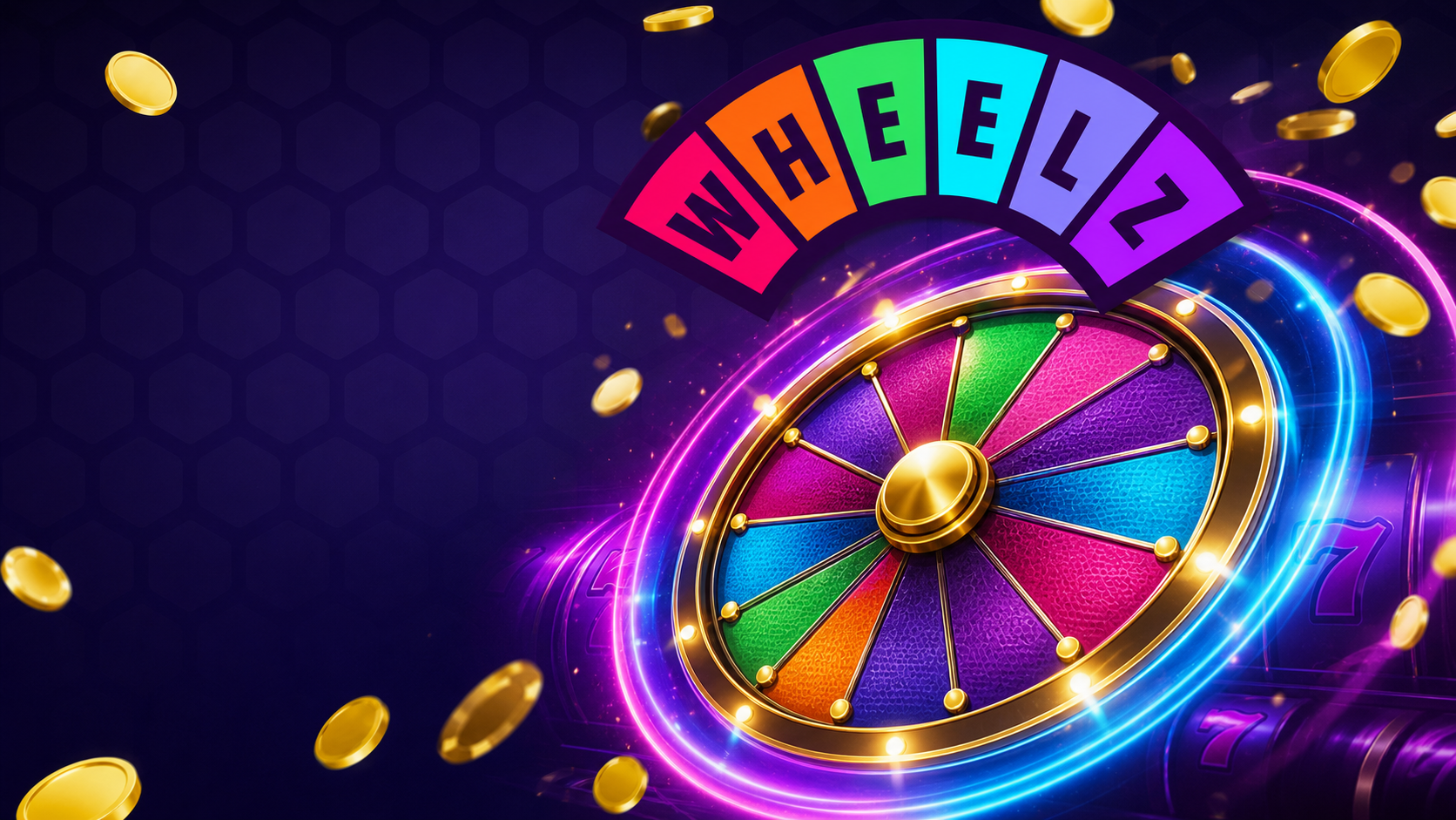 Wheelz Casino reward wheel with neon lights and gold coins